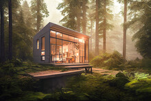 Illustration Of Modern Minimalistic Cabin House In The Forest