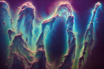 Wall Mural - illustration of pillars of creation, a space cosmic background of supernova nebula and stars, glowin