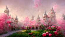 Magical Unusual Fairy-tale Palaces, Flower Beds With Roses.
