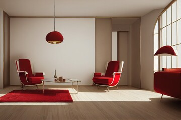 Poster - modern mid century and minimalist interior of living room,vintage red armchair with gold lamp in whi