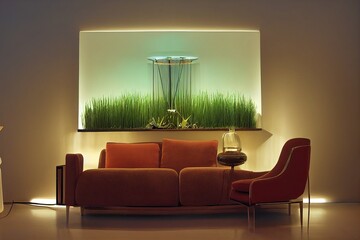 Canvas Print - modern living room sofa and armchair with vase of grass, modern lamp