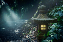 Oriental Stone Lantern Lit On The Forest Path With Rays Of Light