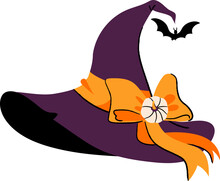 Cute Purple Witch Hat With Bow And Pumpkin, Bat Isolated On White Background. Halloween Item Vector Illustration. Good For T Shirt Print, Poster, Card, Label, Other Gifts Design