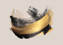 Modern Oil And Acrylic Smear Blot Painting Brushstroke . Abstract Texture Gold, Black, Beige Color Stain Background. Contemporary Art.