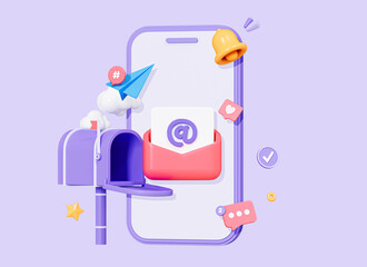 Poster - 3d mobile phone with open mailbox and letter in envelope. send email or message concept. smartphone 