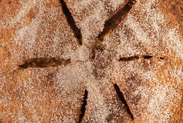 Canvas Print - Sugar Flaky Crust of homemade apple pie as a textured background. Traditional autumn dessert for Thanksgiving Day. Flat lay. Macro shot