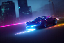 Street Racing Of The Future. Futuristic Sports Car In Motion (non-existent Car Design). Сar Drifting, Tire Smoke Wafting, Neon City Background.  3d Illustration