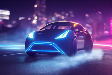 Wall Mural - Street racing of the future. Futuristic sports car in motion (non-existent car design). Сar drifting, tire smoke wafting, neon city background.  3d illustration