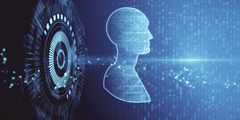 Poster - Creative glowing artificial intelligence and machine learning hologram on blurry blue background. 3D Rendering.