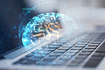 Wall Mural - Neural network and artificial intelligence concept with digital human brain with glowing yellow convolutions in blue sphere on modern laptop keyboard background, double exposure