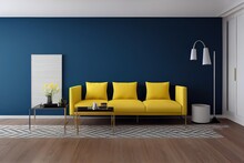 Chevron Interior Living Room, Chevron Floor Black White, With Loose Sofa & Furniture Blue Yellow, 3D Rendering, 3D Illustration