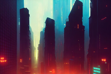 Wall Mural - Futuristic cyberpunk city with blue and pink light trail. Concept sci fi downtown at night with skyscraper, highway and billboards. 3D illustration.	