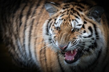 Sticker - Close-up shot of a roaring Siberian tiger in the dark background