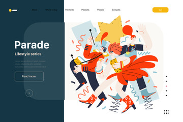 Lifestyle web template - Parade - modern flat vector illustration of people marching together, taking part in parade or rally. Male and female protesters or activists. People activities concept