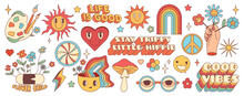 Groovy Hippie Retro 70s Set. Cartoon Flower, Rainbow, Peace, Love, Heart, Daisy, Etc. Sticker Pack In Trendy Retro Psychedelic Cartoon Style. 