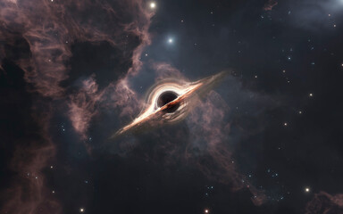 Wall Mural - 3d illustration of black hole absorbing light in deep space. 5k realistic science fiction art. eleme