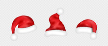 Realistic Santa Claus Hats. Set Of Red Cap For Christmas Decoration, New Year And Winter Holidays