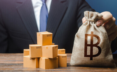 Wall Mural - Businessman holds dollar money bag and boxes with goods. Purchas