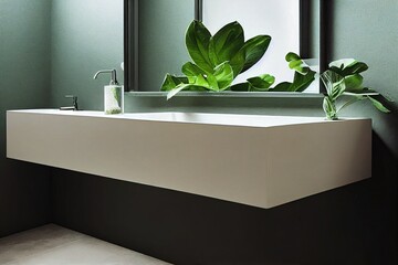 Sticker - Beautiful green plants near vessel sink on countertop in bathroom. Interior design elements