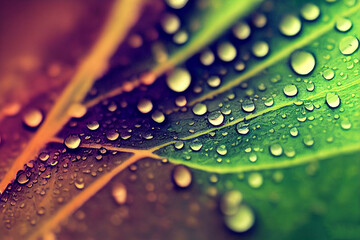 Light painted raindrops falling on leaves, artistic illustration