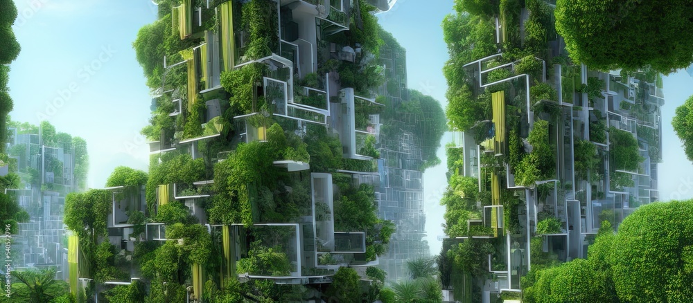 Future green city with vertical gardens growing on skyscraper building ...