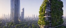 Environmentally Friendly City Of The Future With Vertical Gardens And Green Plants On A Clean Green City, Zero Emission Buildings, Conceptual Illustration