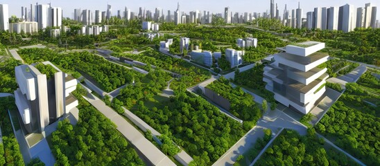 Environmentally friendly city of the future with vertical gardens and green plants on a clean green city, zero emission buildings, conceptual illustration