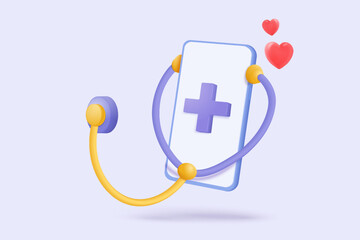 3d first aid medicine and emergency call to hospital for diagnostic health pharmaceutical. Heart checkup online consultation with doctor on phone. 3d diagnostic urgency icon vector render illustration