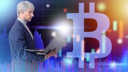 Poster - Bitcoin trading. Man investor. Trader with laptop. Bitcoin cryptocurrency logo. Man is engaged in crypto business. Businessman with computer monitors rate of bitcoin. Investing in blockchain money