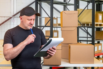 Poster - Man is storekeeper. Storekeeper at work. Experienced businessman in cap. Man with clipboard stands in warehouse. Portrait storekeeper at work. Guy among warehouse racks with boxes