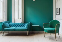 Beautiful Luxury Classic Blue Green Clean Interior Room In Classic Style With Green Soft Armchair. Vintage Antique Blue Green Chair Standing Beside Emerald Wall. Minimalist Home Design