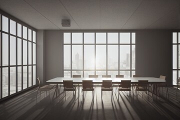Poster - glass and wooden conference room with a long wooden table with white chairs and panoramic windows. 3