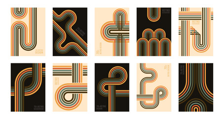 Vintage stripes 70s backgrounds, retro colours posters. Halftone texture, striped pattern covers template flat vector background set. Abstract retro banner collection