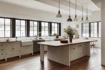 Canvas Print - bright, spacious and modern farmhouse style kitchen