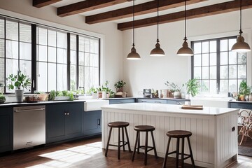 Wall Mural - bright, spacious and modern farmhouse style kitchen