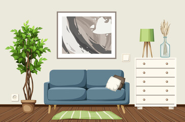 Poster - Living room interior design with a blue sofa, a ficus tree, and a big abstract painting. Cartoon vector illustration