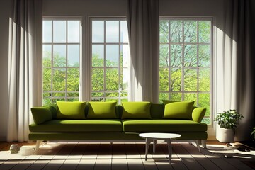 Canvas Print - White room with sofa and green landscape in window. Scandinavian interior design. 3D illustration