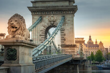 Lion And The Chain Bridge At Dramatic Sunrise In Budapest, Hungary