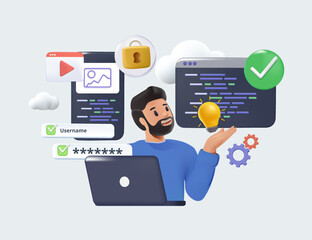 Fototapete - cartoon 3d character developer, designer working on laptop. web app development, deploy frontend, ba