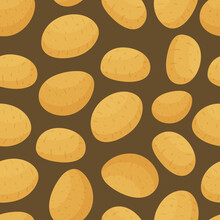 Seamless Pattern Of Large, Beautiful Potatoes. Vector Illustration Of A Potato Pattern On A Brown Background. Autumn Harvest. 