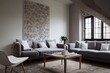 Flowers on wooden table and grey settee in white living room interior with copy space. Real photo