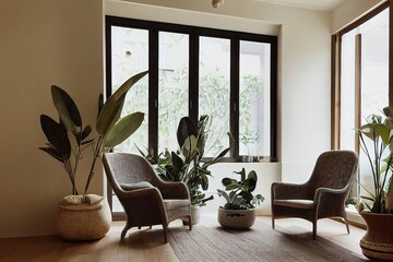 Poster - Stylish room interior with chest of drawers, wicker armchair and potted eucalyptus plant near wooden wall