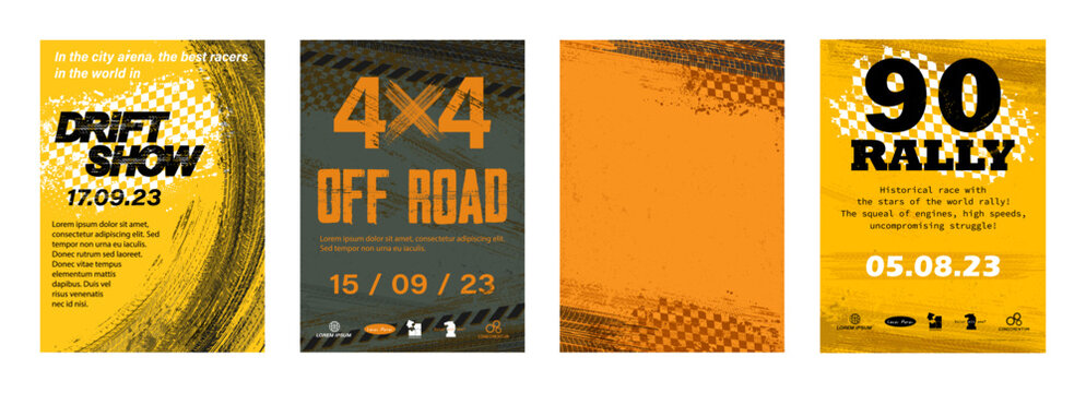 Wall Mural -  - Motorsport posters template in grunge style. Tire tracks, flying spray, racing flag - dirty style grunge for Poster or flyer - motorsport, rally, off road, drift, racing. Vector tire tracks flyers set
