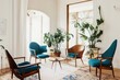 © The 2R Artificiality - Elegant interior of home room with design armchair, retro furniture, wooden mirror, shelf, tropical leaf, plant, decoration, carpet and persnoal accessories in stylish home decor.