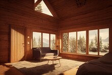 Home Mockup, Cozy Log Cabin Interior Background, 3d Render