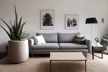 Modern Composition Of Living Room Interior At Fancy Apartment With Gray Sofa, Rattan Armchair, Wooden Cube, Plaid, Tropical Plant And Elegant Accessories. Stylish Home Decor. Template.