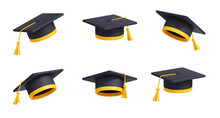 Graduates Cap, University Or College Student Hat In Different View. Black Mortarboard With Yellow Ribbon And Tassel Isolated On White Background, 3d Render Illustration