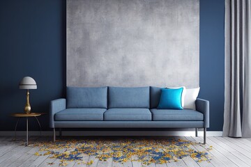 Rustic room design with dark blue sofa and dried flowers on gray interior background, 3d render, 3d illustration