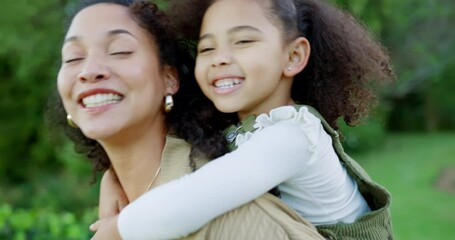 family, kiss and piggyback with a girl and mother outdoor together in a nature park during summer fo