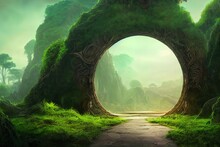 Fantasy Concept Showing An Ancient Dimensional Portal Gate Opening Into Jungle Illustration. Digital Art Style, Illustration Painting , Horizontal Side View, Skyline